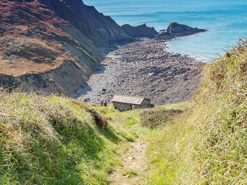 Marsland Mouth -  Ronald Duncan's hut looking out to sea  - Holidays at Leddon farm